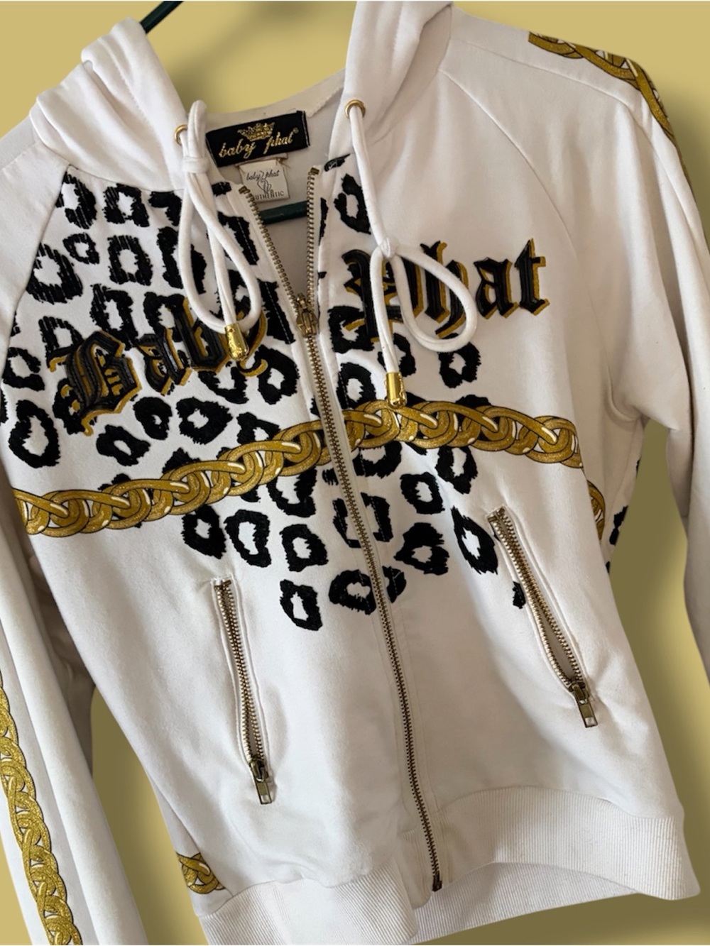 Y2K Baby Phat zip-up hoodie featuring a bold black-and-white leopard print